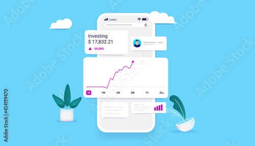 Investment app on smartphone screen - Profitable investment online concept with graphs and stock market data on phone screen. Vector illustration.