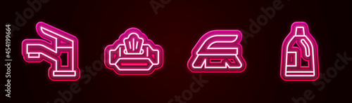 Set line Water tap, Wet wipe pack, Brush for cleaning and Bottle agent. Glowing neon icon. Vector