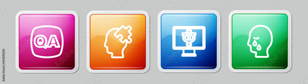 Set line Question and Answer, Solution to the problem, Psychologist online and Man graves funeral sorrow. Colorful square button. Vector Set line Question and Answer, Solution to the problem, Psychologist online and Man graves funeral sorrow. Colorful square button. Vector