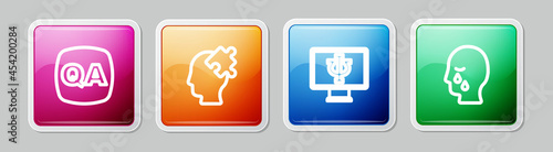 Set line Question and Answer, Solution to the problem, Psychologist online and Man graves funeral sorrow. Colorful square button. Vector