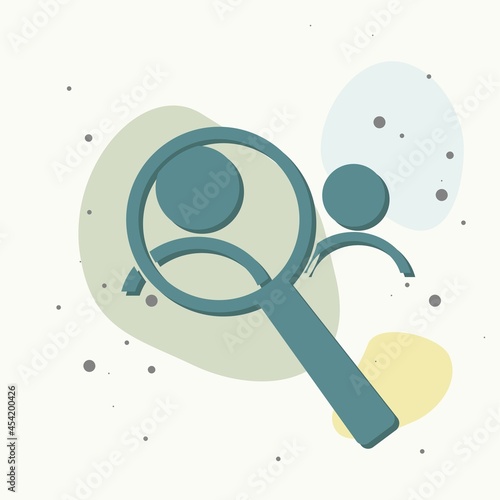 Vector image icon of man and magnifier. Magnifying glass on multicolored background.