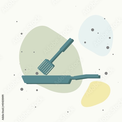 Vector icon of frying pan and scapula on multicolored background.