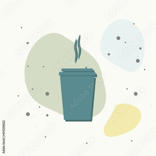 Vector icon of a disposable cup of coffee. A stale coffee drink in the dishes on multicolored background.