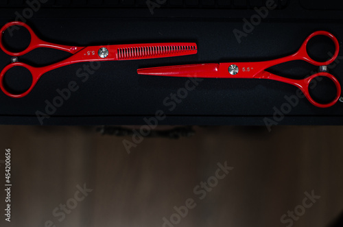 red scissors for a haircut on a black background with a place under the text