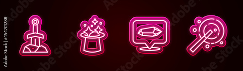 Set line Sword in the stone, Magic hat, and wand. Glowing neon icon. Vector