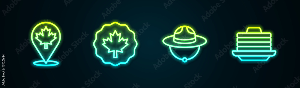 Set line Canadian maple leaf, ranger hat and Stack of pancakes. Glowing neon icon. Vector Set line Canadian maple leaf, ranger hat and Stack of pancakes. Glowing neon icon. Vector
