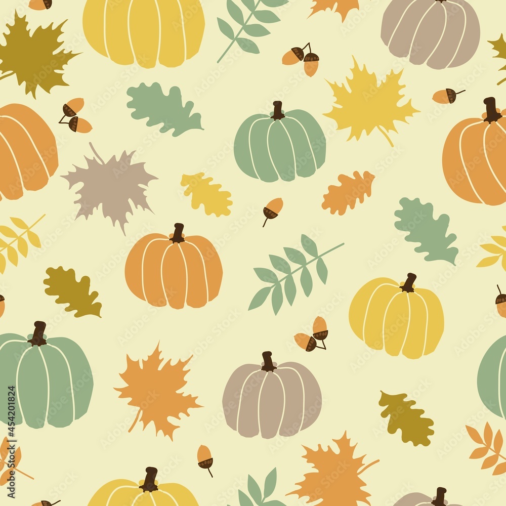 Seamless vintage autumn pattern . colored pumpkins and autumn leaves of trees on a light yellow background. vector texture. a trendy print for textiles and wallpaper.