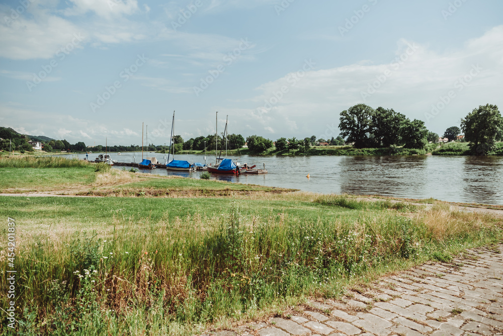 Elbe river, Germany, Dresden. Yachts and boats on the river 