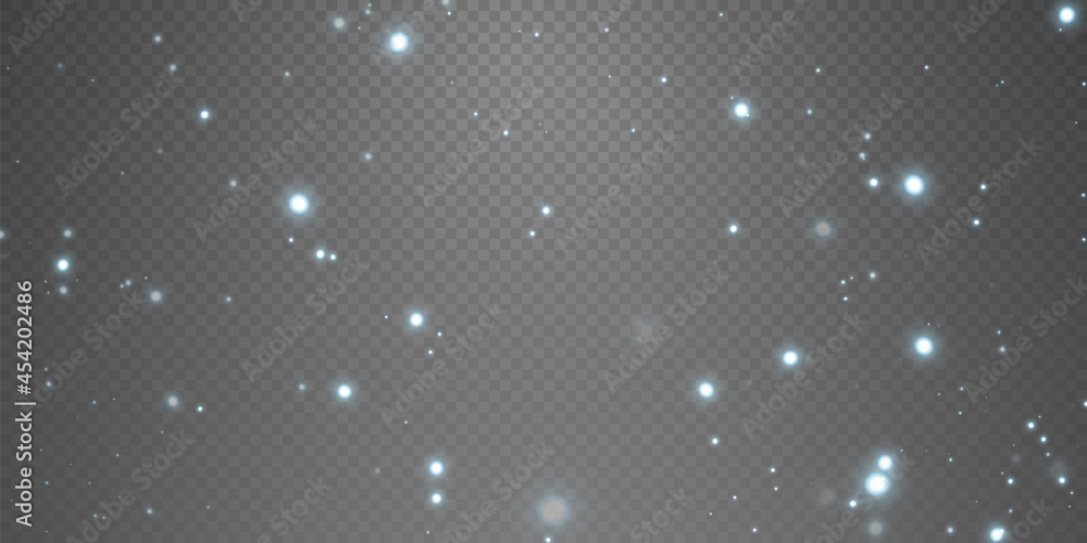 Christmas background. Powder dust light white PNG. Magic shining white dust. Fine, shiny dust particles fall off slightly. Fantastic shimmer effect.