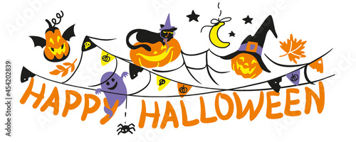 Halloween banner  halloween party  ghost  black cat  pumpkin  spider web  lettering