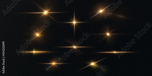 Light rays of light horizontal golden color with glare and flashes isolated. Light star gold png. Light sun gold png. Light flash gold png. vector illustrator. Powder PNG