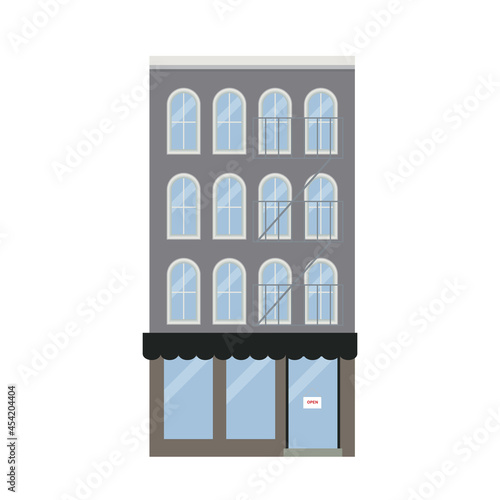 Flat vector illustration of walk-up residential apartment building, brick house. Isolated on white background.