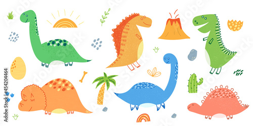 Hand drawn vector illustration of set of cute dinosaurs and elements like volcano  palm tree  stone  flowers  cactus. Isolated on white background.