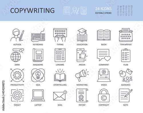 Vector copywriting icons. Editable stroke. Written by journalist computer keyboard typing book magazine publication education. Letter article SMM SEO productivity idea audience storytelling comment