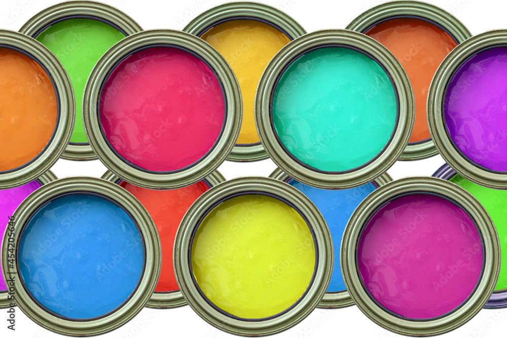 Paint cans, colorful. Top view. Paint cans, colorful. Top view.