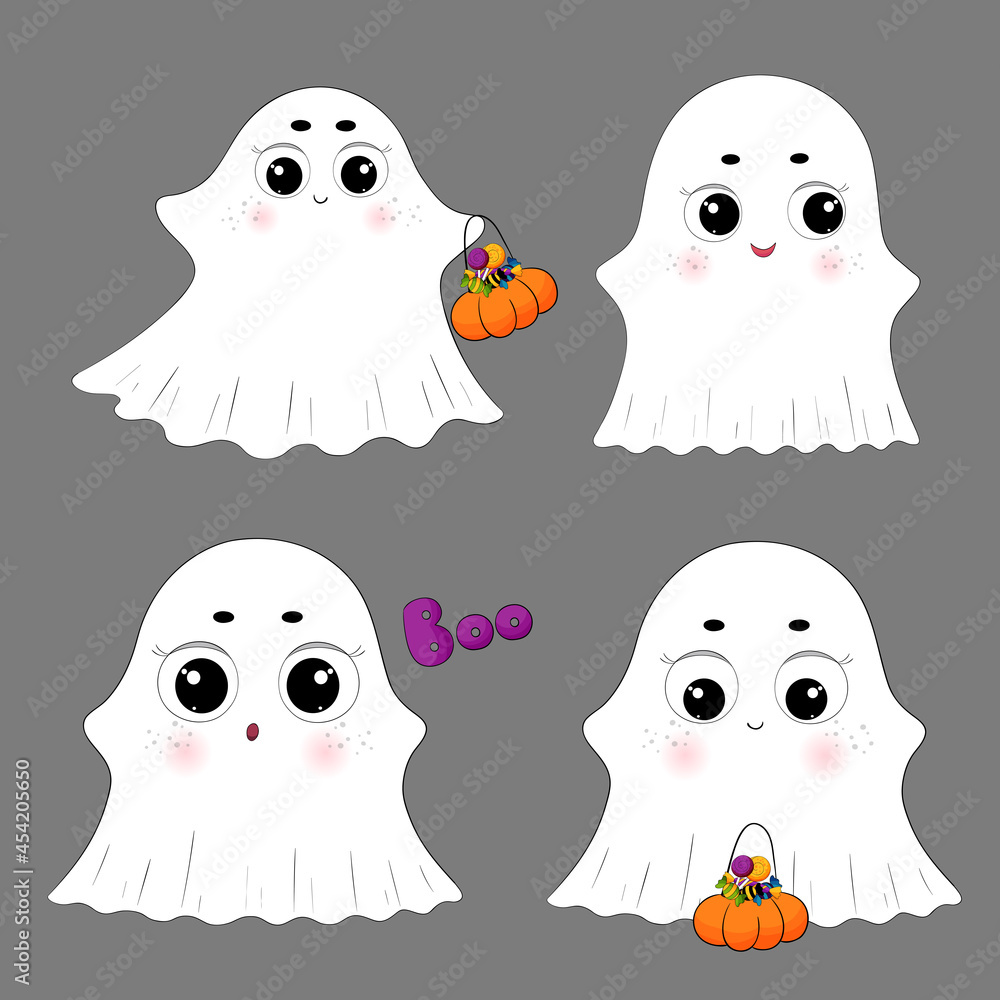 Obraz premium Set of Halloween ghosts. Halloween characters. Funny ghost with treat bowl. Cartoon ghosts, spooky phantoms isolated. Candies, treats, spooky dessert. Halloween flying spirit, boo. Phantom kawaii sty