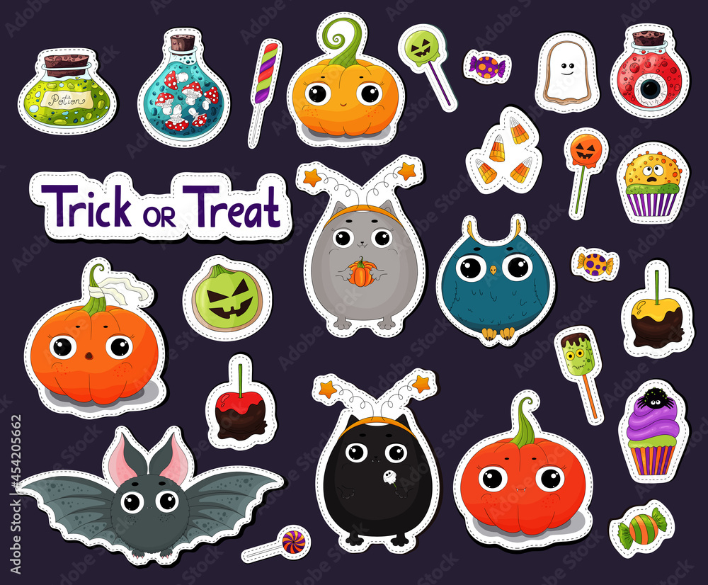 Obraz premium Set of cartoon Halloween stickers. Halloween characters stickers. Candies, treats many types spooky dessert. Halloween candy stickers. Candy corn, pumpkins, eyeballs. Black cat, bat, funny pumpkins.
