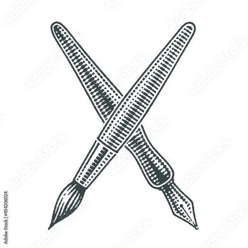 Calligraphic pen and brush. Hand drawn engraving style vector illustration.