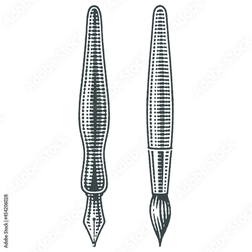 Calligraphic pen and brush. Hand drawn engraving style vector illustration.