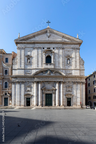 Piazza della Chiesa Nuova in Rome with Baroque facade of the Santa Maria in Vallicella church also known as the Chiesa Nuova with Frieze Angelus Caesius Episcopus Tudertinus fecit Anno Domini