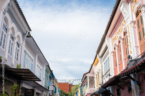 Travel landmark on summer trip famous location. Phuket old town Colorful buildings in Sino Portuguese style