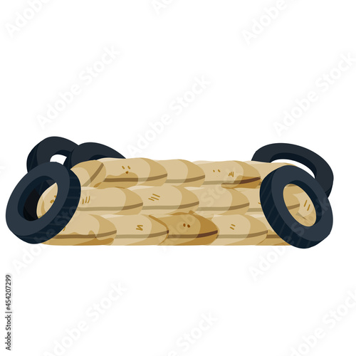 Barricade of sandbags. Fortified point. Defense construction. Modern warfare. Wall of bag. Outpost and barrier. Flat cartoon