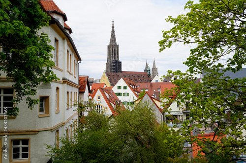 a scenic view over the roofs of the old historic Ulm City with Ulm Minster in the background  Germany 