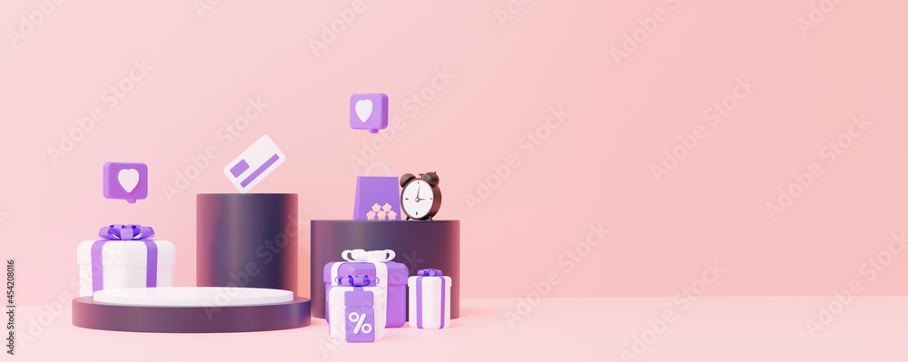 Online shop. Podium with gifts. The concept of sales for the placement of any items. In purple and pink colors. 3d rendeign Online shop. Podium with gifts. The concept of sales for the placement of any items. In purple and pink colors. 3d rendeign