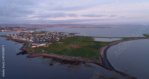 Aerial view over Iceland Capital Reykjavík at sunrise drone view from iceland,Reykjavik,Iceland 2021 