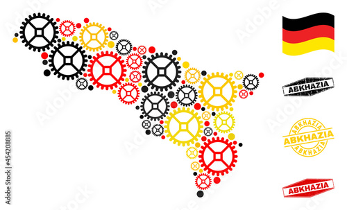 Repair workshop Abkhazia map collage and seals. Vector collage is formed with repair workshop icons in variable sizes, and Germany flag official colors - red, yellow, black.