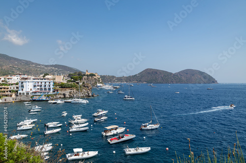 Lipari island (Aeolian archipelago), Messina, Sicily, Italy, 08.13.2021: view of the tourist port with the old castle.
