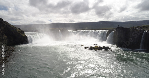 Aerial view over Godafoss waterfall, IcelandGodafoss is a waterfall in northern Iceland, Drone view , February 2021 