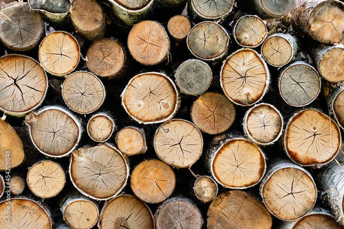 Background of firewood. Wooden background. Folded firewood. Texture of logs background manufacture of wood. Cross section of the timber for the background.