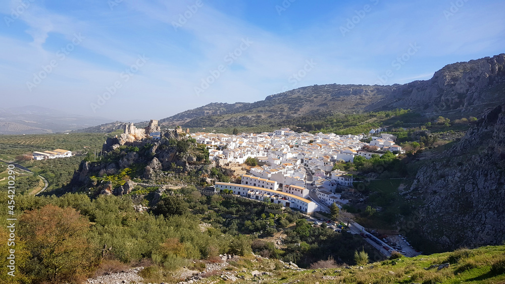 Aerial and panoramic view of the spectacular Andalusian town of Zuheros, Castle and defensive fortress of the population