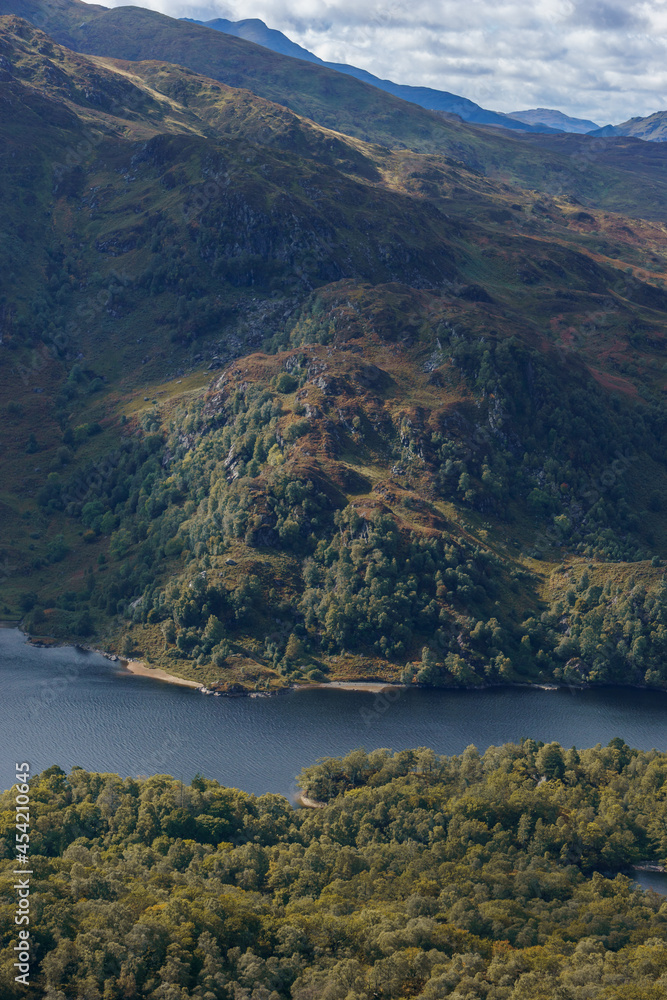 Landscape detail of Loch Katrine from Ben A'an in Loch Lomond and Trossachs National Park, Scotland, United Kingdom