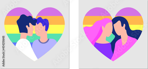 Gay and lesbian couples in a rainbow heart. Vector illustration or topics like LGBTQ, pride, diversity. Homosexuality concept.