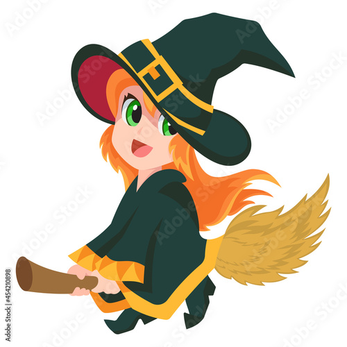 Halloween flying little witch kid vector illustration