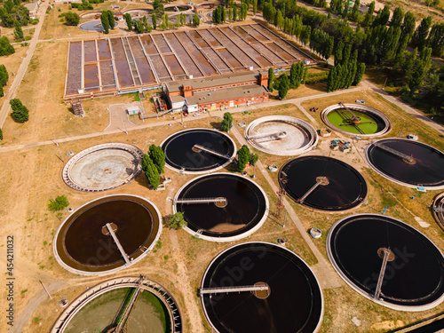 Wastewater treatment plant with round clarifiers for recycle dirty sewage water, aerial view