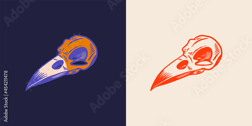 Birds skull line art. Magic cranium for the witch. Hand drawn vector sketch. 
