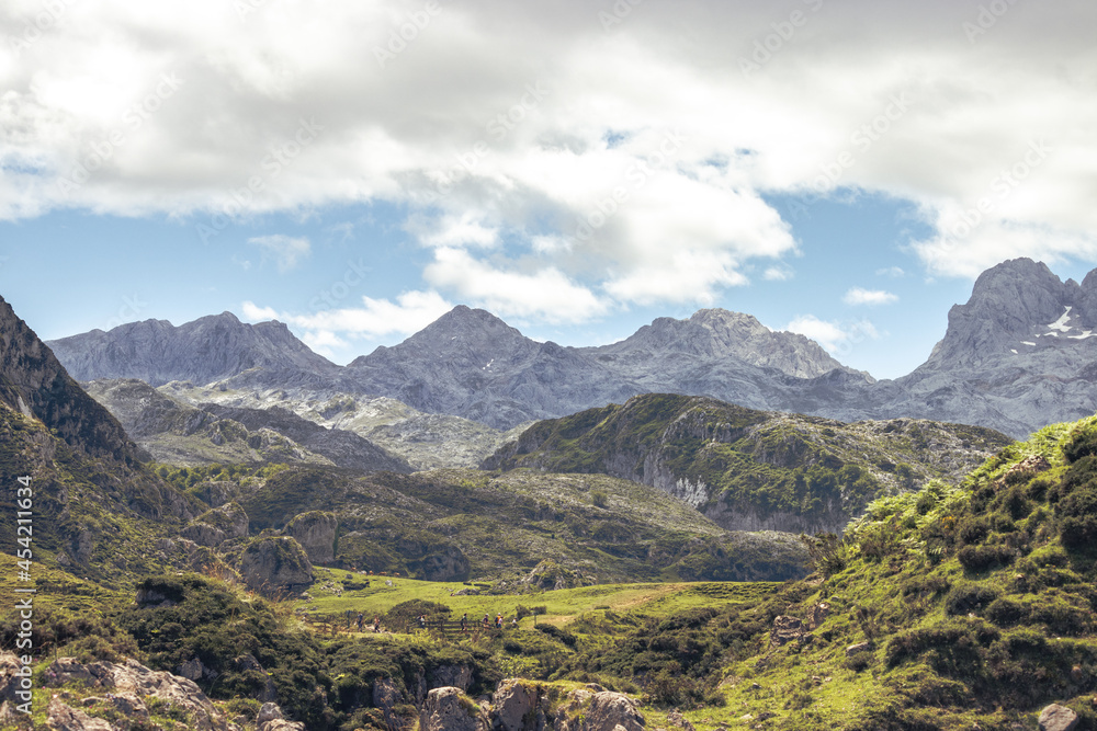Landscape of the mountains of Picos de Europa, Asturias, Spain. Blue sky and some white clouds