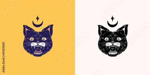 Black witch cat. Evil scary mystical animal. Halloween vector illustration. Hand drawn engraved doodle sketch for tattoo or t-shirt and banner.