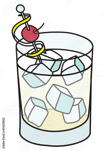 Gin Fizz classic IBA listed unforgettable cocktail in rocks glass. Transparent drink on ice garnished with lemon twist and cherry. Stylish hand-drawn doodle cartoon hipster style vector illustration