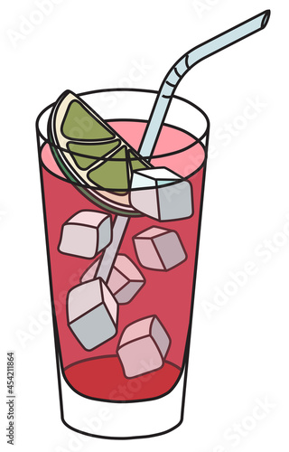 El Diablo tequila based long cocktail in highball glass. Red drink garnished with slice of lime. Stylish hand-drawn doodle cartoon style vector illustration good for bar menu, cook book recipe