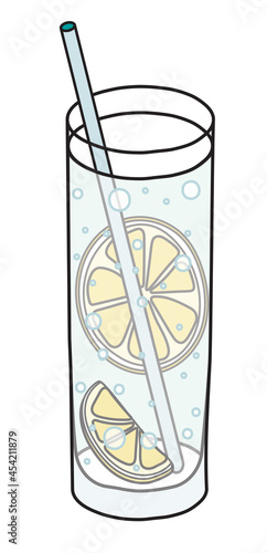 Gin Fizz classic IBA listed long cocktail in highball glass. Garnished with slice of lemon. Stylish hand-drawn doodle cartoon hipster style vector illustration good for bar menu, cook book recipe