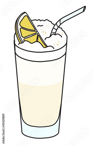 Ramos Fizz classic IBA listed long cocktail in highball glass. Garnished with slice of lemon. Stylish hand-drawn doodle cartoon hipster style vector illustration good for bar menu, cook book recipe