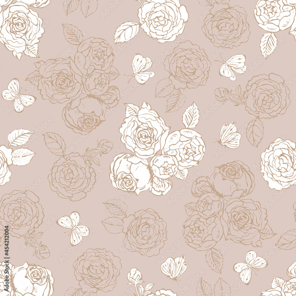 Shabby chic contour patterns of roses and butterflies, seamless pattern vector background. For home textiles, clothing, packaging, home decor, wallpaper and promotional materials Shabby chic contour patterns of roses and butterflies, seamless pattern vector background. For home textiles, clothing, packaging, home decor, wallpaper and promotional materials