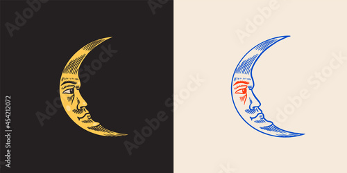 Mystical moon. Astronomy, alchemy and astrology symbol. Magic face Vector illustration. Hand drawn engraved doodle sketch for tattoo or t-shirt..
