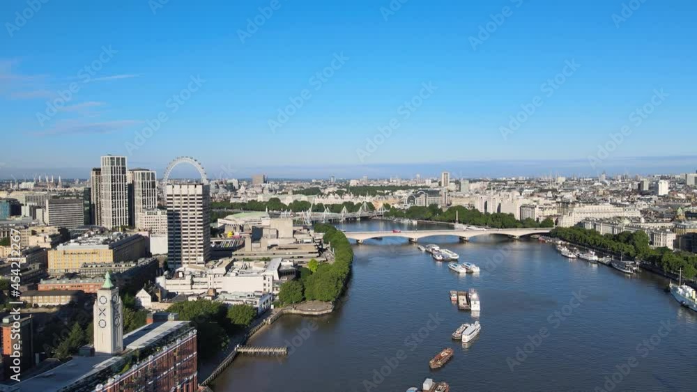river flowing through city. Aerial panoramic view of town. London eye tourist attraction in background. London, UK river flowing through city. Aerial panoramic view of town. London eye tourist attraction in background. London, UK