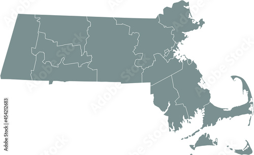 Gray vector map of the Federal State of Massachusetts, USA with white borders of its counties