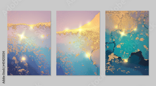 Abstract ocean blue and gold fluid art alcohol ink pattern with marble texture. Set of modern luxury background with watercolor splash and golden glitter for poster, flyer, brochure design.